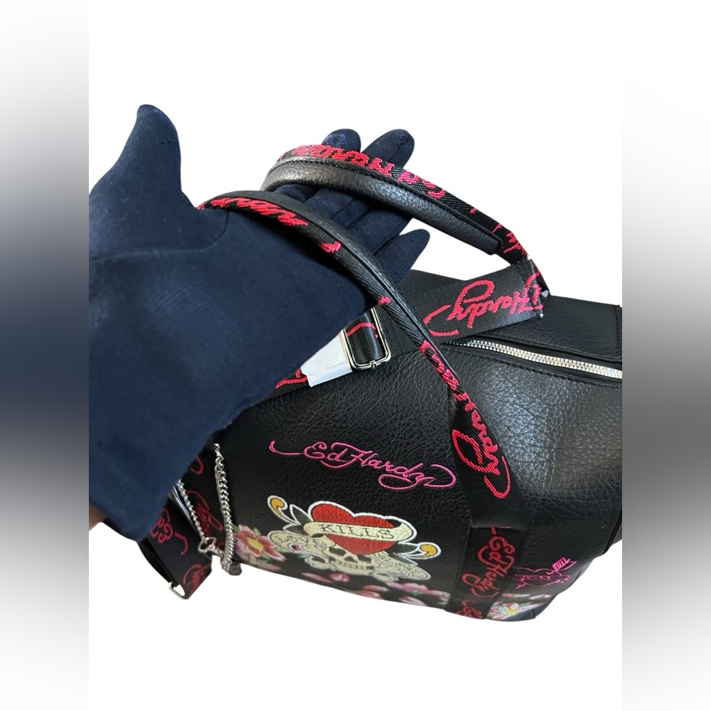 Ed Hardy Black Floral Skull Embroidery Tote Bag - Picture 5 of 11